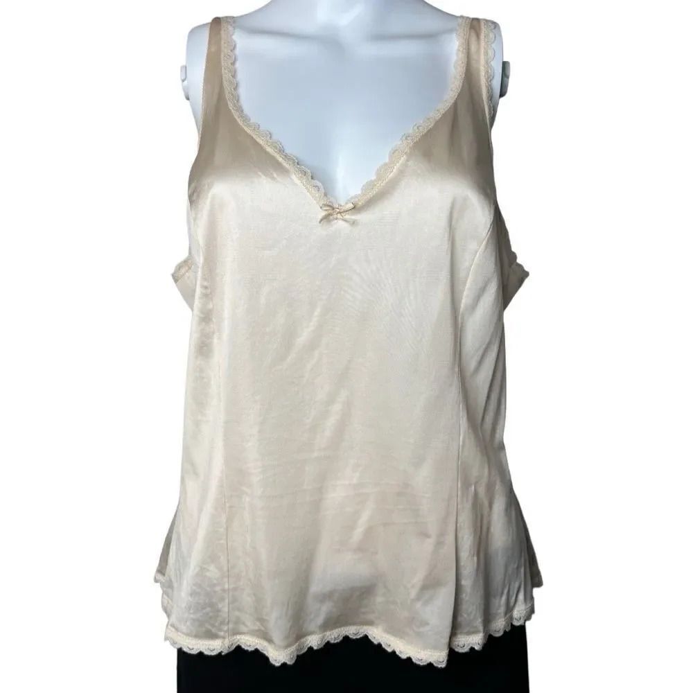 Warners Lace Trim V Neck Slip Tank Top Cream Gold Size Large 40